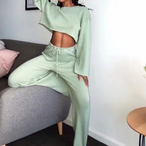 Fashion spring drape Slim wide-leg pants casual two piece Sets short curls side top sports pants two-piece suit High Street 210514