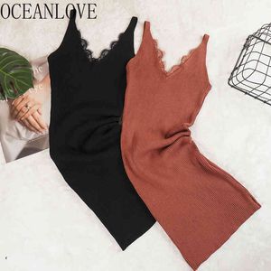 Knitted Vestidos Solid V Enck Lace Patchwork Sexy Bodycon Dresses Stretch Autumn Slim Dress Women Clothes 18086 210415