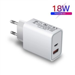 18W PD QC3.0 Charger Fast Charging Type C Quick Charge 3.0 US EU UK Adapter Dual USB Chargers For iPhone 12 11 Pro Max Mini SE XS XR iPad Samusng Xiaomi cellphones