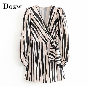 Stylish A Line Zebra Stripe Dress Women V Neck Bow Tie Fashion Party Female Long Sleeve Casual es Vestidos 210515