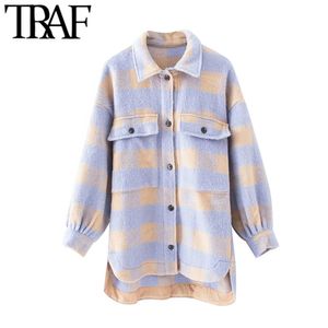 Traf Womenファッションオーバーハイツ特大チェックウールジャケットコートビンテージポケット非対称女性のアウターウェアシックトップ210415