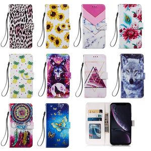 Solros läder plånbokfodral för iPhone 15 14 13 Pro Max 12 11 XR XS X 8 7 Plus Fashion Flower Pineapple Leopard Butterfly Marble Wolf Holder ID Card Flip Cover Rand