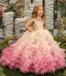 Prinzessin Blumenmädchen Kleid Sheer Hals Juwel Sleeveless Custom Made Birthday Gowns Farbe Matching Tiered Rüschen Pageant Erste Kommunion Kleider