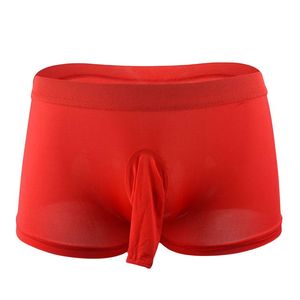 Underbyxor Sexi Mäns Boxer Shorts Is Silk Mens Cheeky Underkläder Elephant Panties med Hole Low Rise Transparent make röd