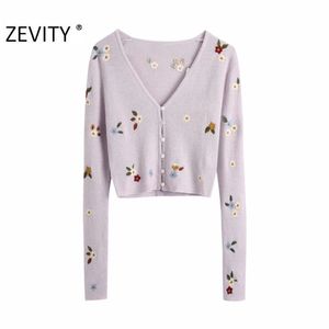 Zevity Women Fashion V Neck Flower Haft Cardigan Knitting sweter Panie Long Rękaw Casual Swetry Chic Topy S402 211018