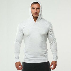 Brand Gym Clothing Plain Long Sleeve Slim Fit Hooded T Shirt Men Cotton Tee Shirt Bodybuilding and Fitness Sportwear TShirt 210421