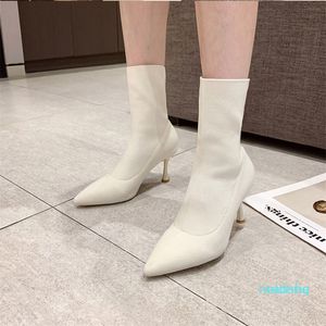 Mode-Women's High Heels Stick Stövlar Stiletto Mid-Tube Short Boots Pekade Toe Boots Stretch Strumpor Vit Svart Boot 635