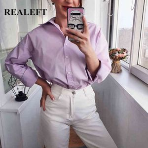 100% Pamuk Mor Boy kadın Bluz Kore Tarzı Uzun Kollu Düğme Zarif Gevşek Gömlek Lady Tops 210428