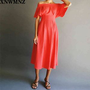 Za Kvinnor Chic Mode med Dart Tillbaka Smocked Midi Dress Vintage Wide Elastic Neck Ruffle Ärm Kvinna Klänningar Mujer Robe 210510