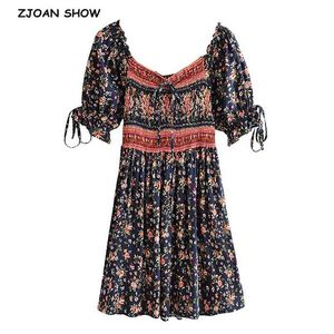 Bohemian Body Elastic Ruched Floral Print Kvinnor Klänning Boho Holiday Slash Collar Korta Puff Sleeve Mini Dresses 210429