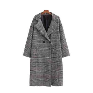 ヴィンテージの女性のゆるい猟網のロングウールのコート秋のファッションレディース厚い格子縞のジャケット女性特大の壁を覆う210515