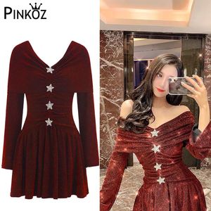 Shining Salash Collar Black Red Off Ramię Star Crepe Diamond-Stud Sukienka Vestidos Fiesta Noche 210421