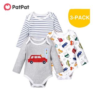 Arrival Spring and Summer 3-Pack Car or Stripe Print Long-sleeve Rompers Baby's Clothing 210528