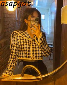 Coats & Jackets Women's Clothing Chic Korean Vintage Long Sleeve Black White Contrast Color Sailor Collar Plaid Jacket Short 210429