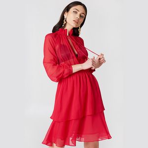 Sexy See-Through Chiffon Shirt Dress Women Long Sleeve Ruffle Stand Neck Lace up Elegant Party Dress Autumn Red Blue Black Green 210507