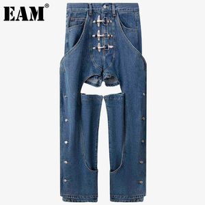 [EAM] Jeans a vita alta con bottoni vuoti in metallo Jeans lunghi a gamba larga Pantaloni larghi da donna Moda Primavera Autunno 1DD6340 21512