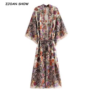 Bohemia Yerleşim Çiçek Baskı Uzun Kimono Gömlek Hippi Kadınlar Bağlama Kravat Yay Sashes Hırka Gevşek Bluz Boho Tatil Tops 210719