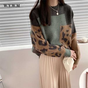 Wywm inverno vintage leopardo patchwork suéter mulheres casual cashmere malha pulôveres ladies outwear jumpers femininos grandes 211011