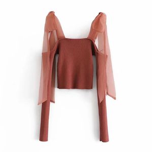 Women Sexy One Shoulder Net Yarn Splicing Strapless Sweater Female Long Sleeve Short Pullover Chic Top 210520