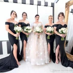 Czarne sukienki druhny z podłogi ramion Satin Side Slit Custom Made Maid of Honor Suknia plażowa ślubne scedos formalne OCN Wear 403