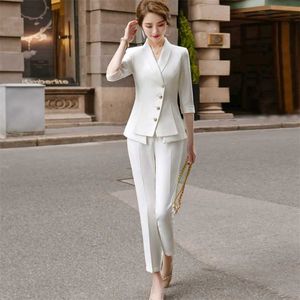 Высококачественные случайные брюки женского костюма Два пьесы Summer Elegant Ladies White Blazer Jacket Business Atitue 211118