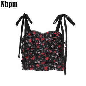 Bustier kläder för bowknot lacing corset sexig tank skörd topp kvinnor blommig utskrift sommar blus kvinnlig söt vintage backless 210529