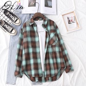 HSA Outono Primavera Manta Flanela Camisa Mulheres Blusas E Retro Lady Lady Outwear Tops Coreano Femme 210417