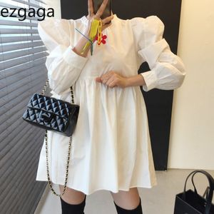 Ezgaga Ball Gown Dress Women Korean Chic Loose Solid Puff Sleeve O Neck Lovely High Waist Dress Spring Fashion Vestidos