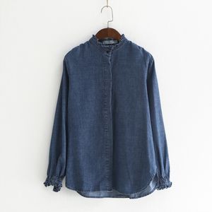 Johnature denim camisa para mulheres mola manga comprida azul mulheres casuais panos botão vintage tops e blusas 210521
