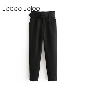 Jocoo Jolee Women Black Suit Pants Kvinnor Hög midja Sashes Pockets Office Ladies Pants Fashion Middle Aged Pink Yellow Pants 210619