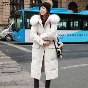 Winter Women Duży Real Fox Fur Collar Kapturem Parka Ciepły Płaszcz śniegowy 90% White Duck Down Coat 210430