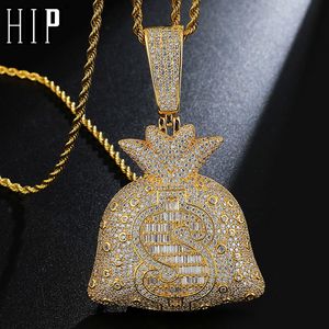 HIP Hop Full AAA Iced Out Bling CZ Baguette Cubic Zircon Copper Dollar Money Bag Collana con ciondolo posteriore solido per gioielli da uomo X0509