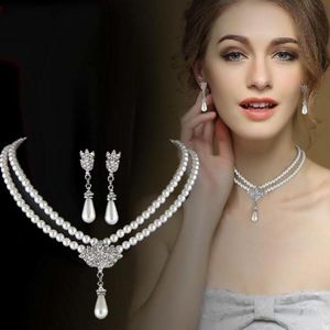 Orecchini Collana Matrimonio Sposa Set di gioielli in cristallo di perle per donna Collana girocollo clavicola coreana Set regalo di gioielli