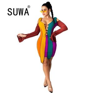 Colorful Printed Trendy Chic Party Bodycon Knee Length Dresses For Women Off Shoulder Long Sleeve Fashion Sexy Dress Wholesale 210525