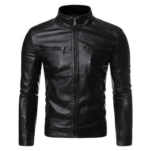 2021 Outono e inverno Nova alta qualidade moda tendência zíper bolso moto carrinho gola slim ruched jaqueta de couro homens x0621