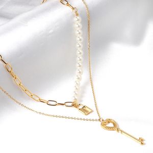 Collane con ciondolo Collana doppia con chiave a cuore Collari con chiusura in acciaio inossidabile Elegante perla d'imitazione lunga per regalo da donna Colier Femme