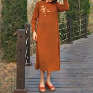 Johnature Woman Vintage Вышивка Хлопковые платья Осень Осетные Образки Длинные Мягкие Женщины Одежда Повседневная Платья 210521