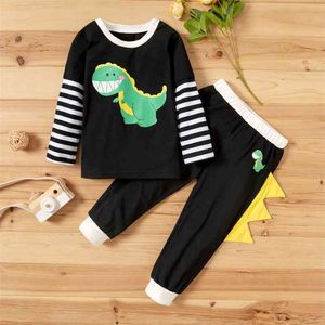 Autumn and Winter 2-piece Baby Toddler Dinosaur Striped Long-sleeve Top Pants Set Kids Clothes 210528