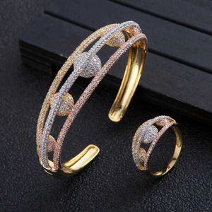 Duży Luksusowy 3 Kolor Multicolor Ball Bangle Ring Sets Dla Kobiet Ślub Sześcienny Cyrkon Zaręczyny Dubai Zestawy Biżuterii Bridal FC041 H1022