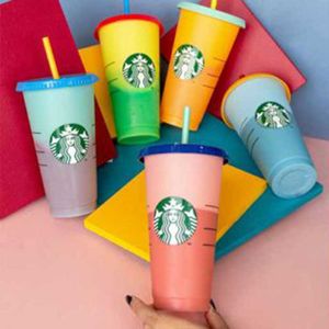 Starbucks zmienia kolor kubki kolorowy kubek wielokrotnego użytku z pokrywką zimne filiżanki plastikowa letnia kolekcja Starbucks Wine Fuunyhome