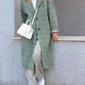 Puwd Vintage Women Loose V Neck Woolen Coat Höst Mode Ladies Green Fickor Casual Long Jackor Kvinnlig Chic Outwear 211104
