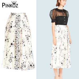 Роскошная юбка Высокий конец хорошее качество плиссированные белые звезда длинные женщины Италия Paris Print талия винтажные Faldas 210421