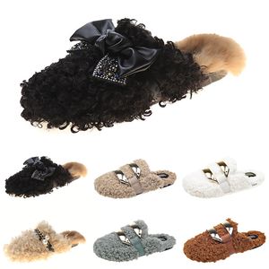 Fashion Newly autumn winter womens slippers metal chain all inclusive wool slipper for women black white outer wear plus big szie Muller half drag shoes