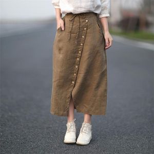 Лето стиль искусств женщин высокая талия повседневная длинная юбка однобортное 100% белье винтажные Femme Saia Longa M290 210512