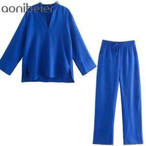 Aonibeier Za Woman Casual Traf Outfits Female Thin Style Summer Loose Shirt + Long Pants Suits Royal Blue 2 Piece Sets 210930