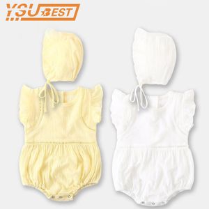 Baby Girls Rompers Мода Бренд Хлопчатобумажные комплекты одежды 2 шт. Костюм рождения красный без рукавов + шляпа малышей комбинезон 210429