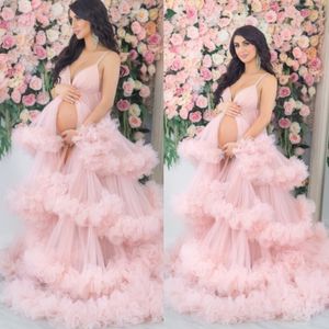 Sexy Pink Maternity Gown Tulle Floor Length Dresses V Neck Train Photo Shoot Pregant Women Party Prom Gowns
