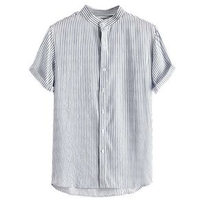 Men Linen Shirts Lightweight Breathable Striped Short Sleeve Slim Fit Stand Collar Shirt Male Clothes 210527