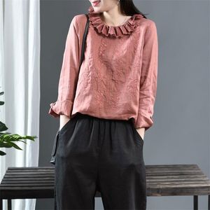 Wiosna Sztuki Styl Kobiety Z Długim Rękawem Loose Casual Koszulki 100% Lniana Haft Vintage Bluzki Potargany Kołnierz Blusas Femme M313 210512