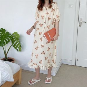 Women's Sleepwear Cartoon Print Summer Nightgowns Soft Cotton Long Short Sleeve Ruffles Nightdress Funny Bear Kawaii Homewear Y793
